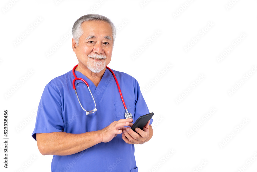 portrait of medical doctor in uniform use smart phone, asian doctor elderly man wear a mask with stethoscope on white background. portrait of medical doctor in uniform use smart phone, asian doctor elderly man wear a mask with stethoscope on white background.