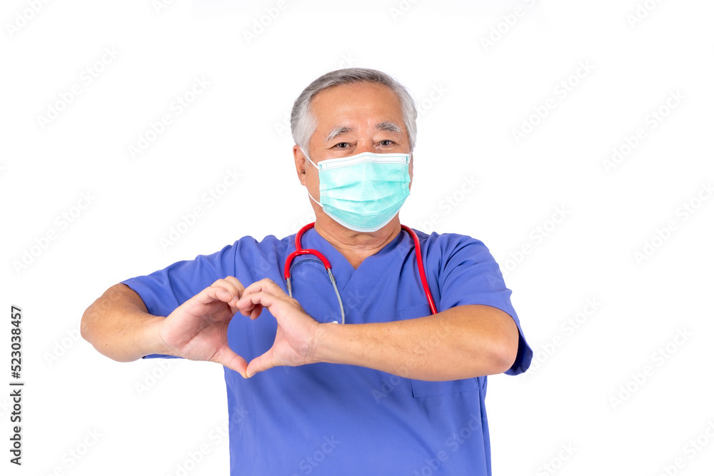 portrait of medical doctor in uniform, asian doctor elderly man wear a mask with stethoscope on white background. portrait of medical doctor in uniform, asian doctor elderly man wear a mask with stethoscope on white background.