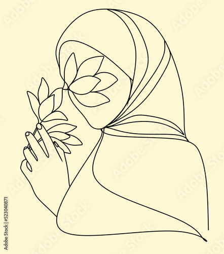 Continuous drawing in one line. Muslim woman with flowers. Vector illustration