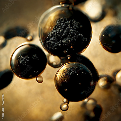 abstract 3D image of molecules particles of fungus and mold in microscope. black harmful bacteria that look like drops of bad quality engine oil