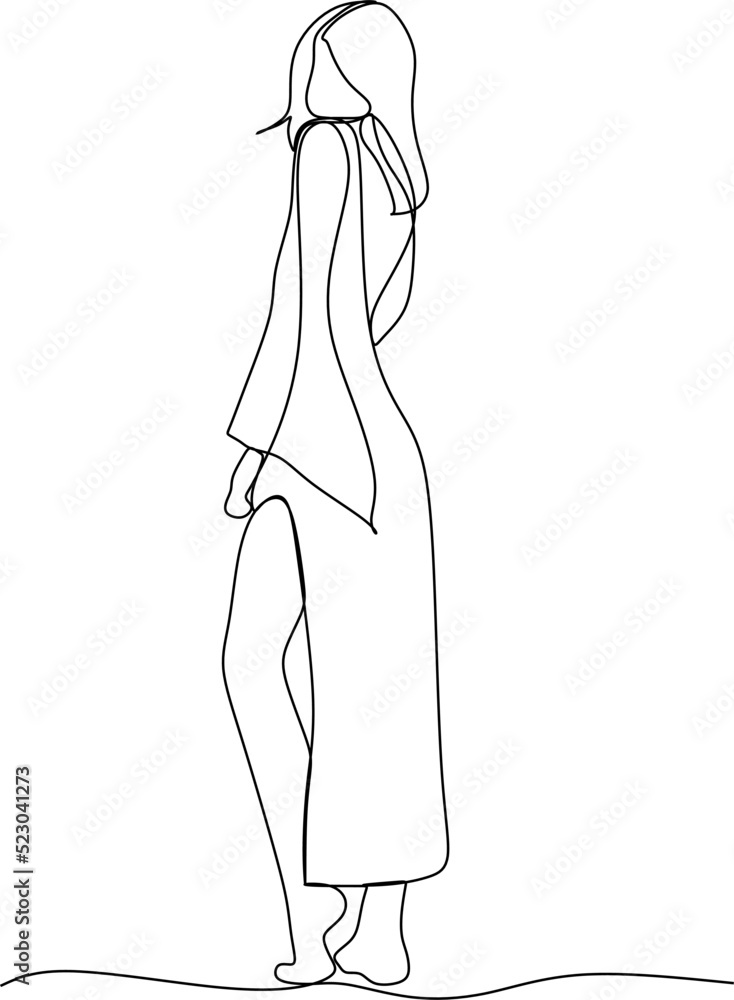 Continuous line art or One Line Drawing of girl on beach. Vector Illustration. Summer vacation happiness carefree joyful woman standing on sand tropical beach destination. Continuous line art or One Line Drawing of girl on beach. Vector Illustration. Summer vacation happiness carefree joyful woman standing on sand tropical beach destination.