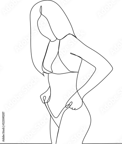 Continuous line art or One Line Drawing of girl on beach. Vector Illustration. Summer vacation happiness carefree joyful woman standing on sand tropical beach destination.