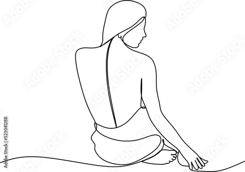 Continuous line A woman wearing a swimsuit, sitting back, beautiful. Simple line vector illustration.