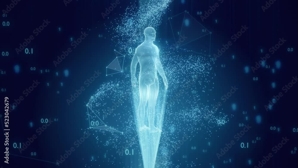 Concept technology human hologram from points, plexus and polygons in a cloud of binary code and connections. 4k loop render graphics Concept technology human hologram from points, plexus and polygons in a cloud of binary code and connections. 4k loop render graphics