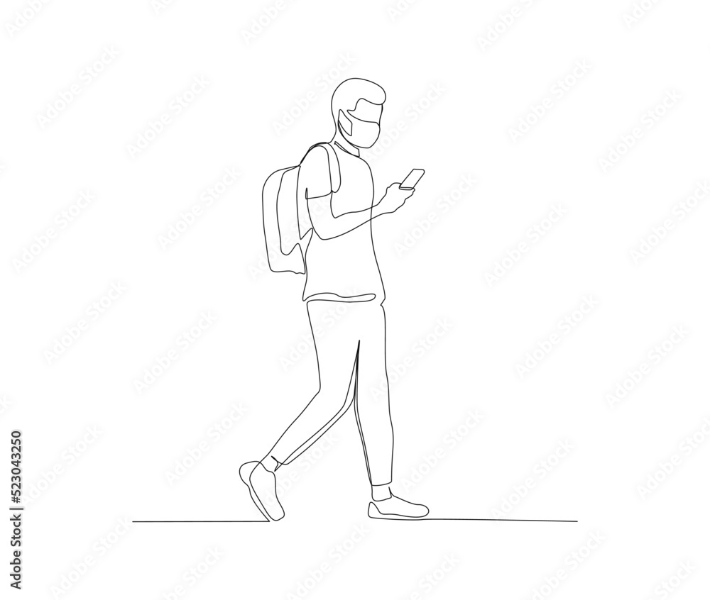 Continuous line art of young boy walking and holding phone. Single line drawing vector illustration. Continuous line art of young boy walking and holding phone. Single line drawing vector illustration.