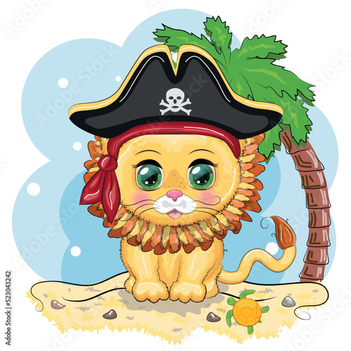 Lion pirate, cartoon character of the game, wild animal cat in a bandana and a cocked hat with a skull, with an eye patch. Character with bright eyes
