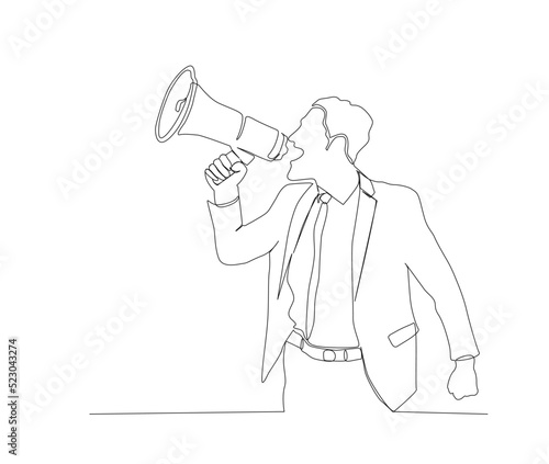 Continuous one line drawing of man holding megaphone speaker. Horn speaker hold by man, sign and symbol for announcement and news. Single line drawing vector illustration.