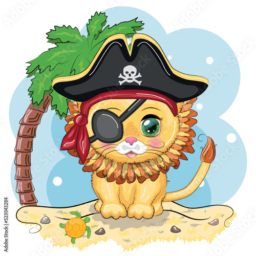 Lion pirate, cartoon character of the game, wild animal cat in a bandana and a cocked hat with a skull, with an eye patch. Character with bright eyes