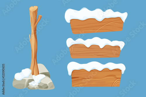 Wood sign, set tree stick and wooden empty planks with snow in cartoon style isolated on white background. Game assets, ui element. Textured material, frame for massage, decoration. 