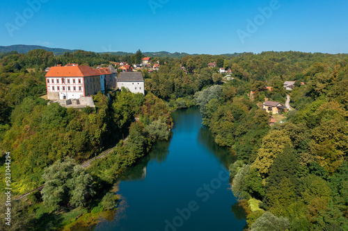 Aerial view of old Ozalj town on the Kupa River  Croatia