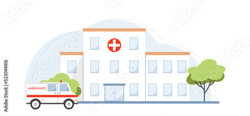 City hospital and ambulance car on white background. Facade building city clinic. Medical center. Concept healthcare and emergency care. Vector illustration in flat style.