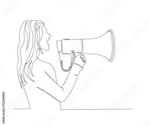 Continuous one line drawing of woman holding megaphone speaker. Horn speaker hold by young woman, sign and symbol for announcement and news. Single line drawing vector illustration.