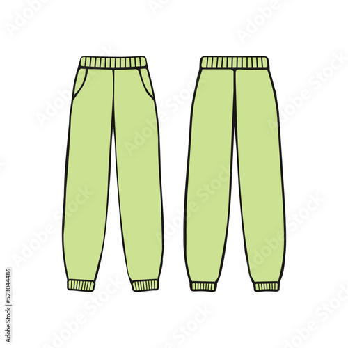  jeans isolated on white background. fashion. pants on both sides. vector illustration of clothes. design. pastel colors. green pants, trousers with pockets. icon collection
