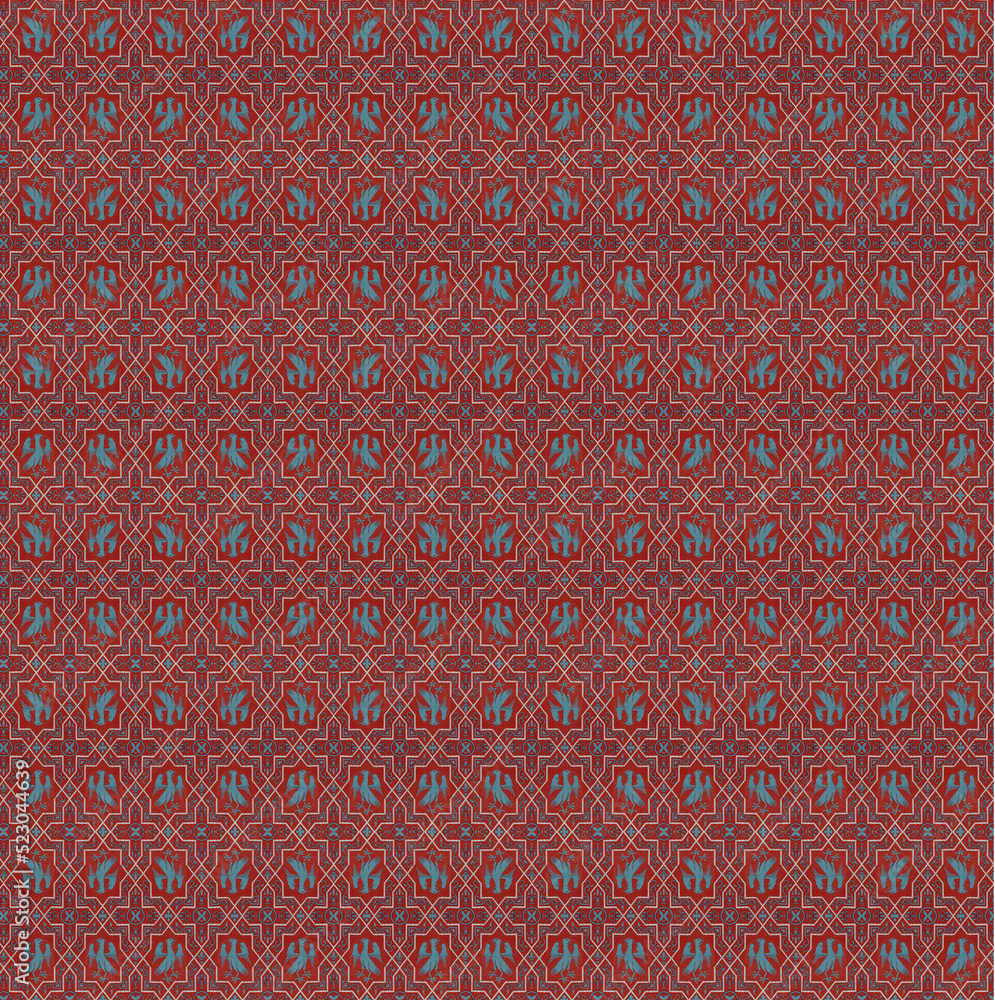 Red and Blue Interlocking Pattern with Bird and Floral Designs