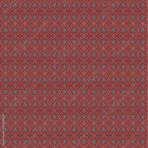 Red and Blue Interlocking Pattern with Bird and Floral Designs