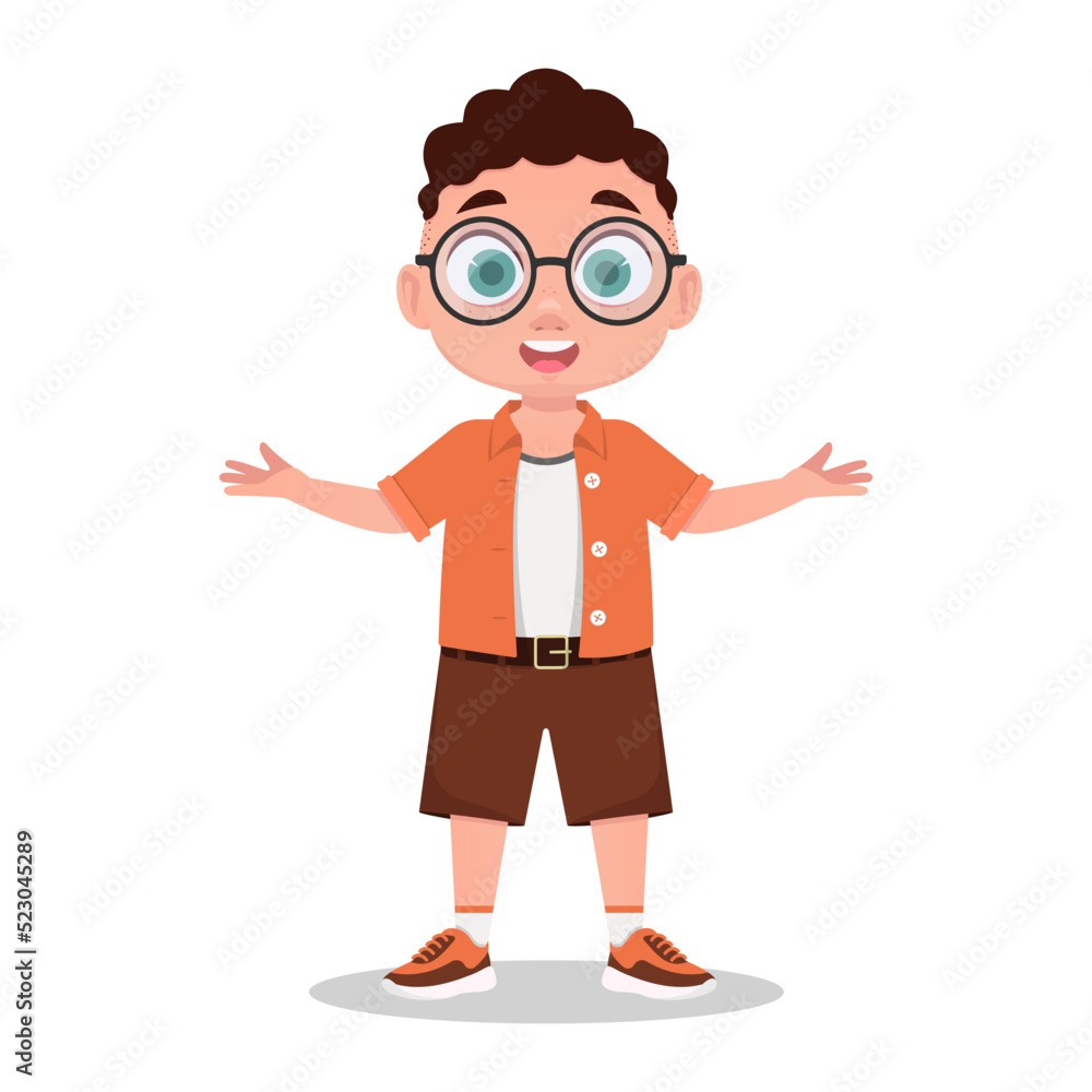 Cute boy with glasses, nerd, schoolboy surprised. Vector illustration