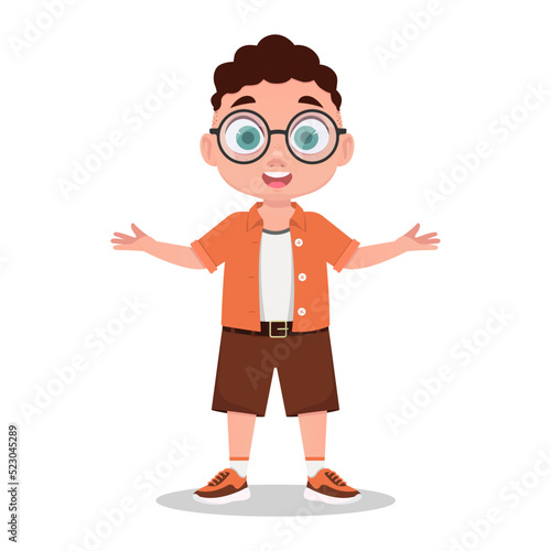 Cute boy with glasses, nerd, schoolboy surprised. Vector illustration