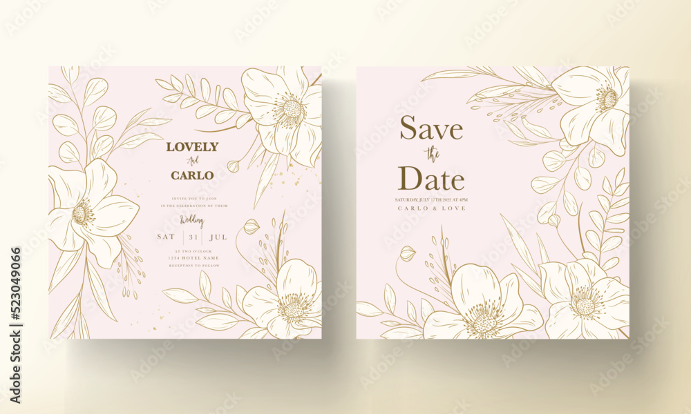 Hand drawn minimal wedding invitation template with elegant gold floral