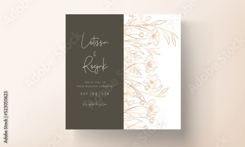 Hand drawn minimal wedding invitation template with elegant gold floral