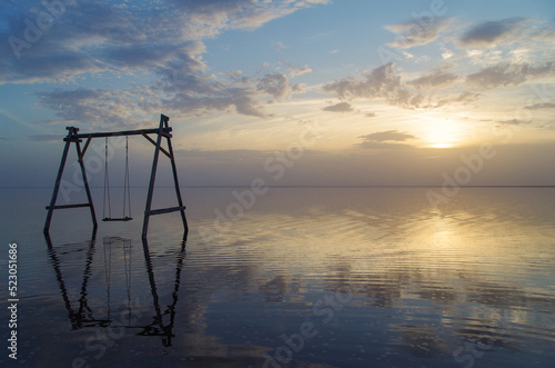 Swing. Salty sunset on lake Elton. Is 18 m below sea level. Is largest mineral lake in Europe and one of most mineralized in world. Russia, Volgograd Oblas