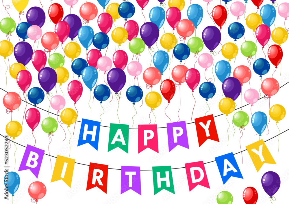 Happy birthday banner. Helium flying colorful balloons. A lot of balloons. Red, yellow, violet, orange, green, blue colors. Party decoration background. Happy birthday banner. Helium flying colorful balloons. A lot of balloons. Red, yellow, violet, orange, green, blue colors. Party decoration background.