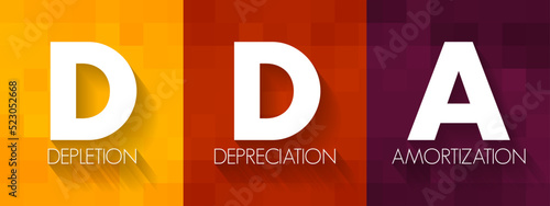 DDA Depletion Depreciation Amortization - accounting technique that a company uses to match the cost of an asset to the revenue generated by the asset, acronym text concept background photo