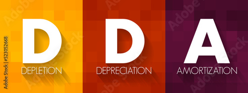 DDA Depletion Depreciation Amortization - accounting technique that a company uses to match the cost of an asset to the revenue generated by the asset, acronym text concept background