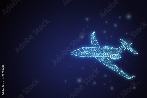 2d neon airplane on dark space background. Line polygonal  blue color. plane The concept of travel, flights.