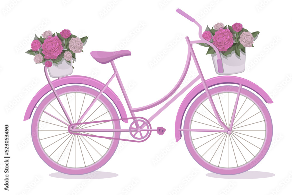 Pink bike with flower baskets. Ladies pink romantic bicycle. City women bicycle. Сafe decoration bike
