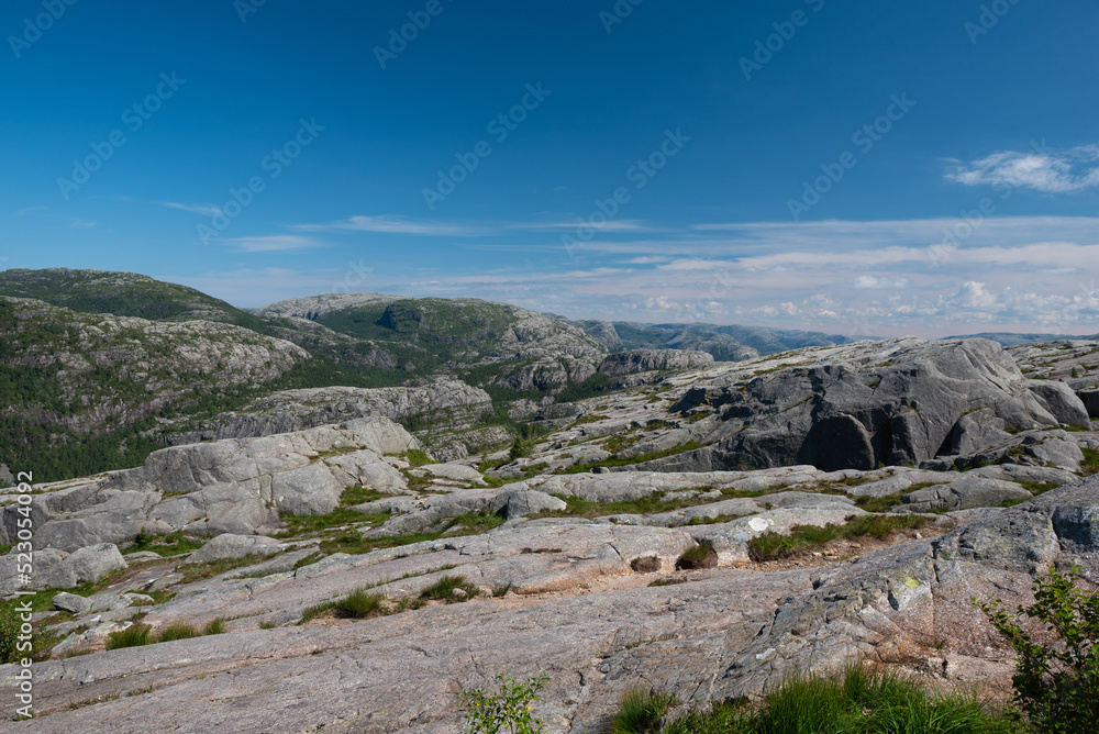 The rough rocky mountain landscape on the way to Pulpit Rock (Preikestolen), Stavanger, Norway