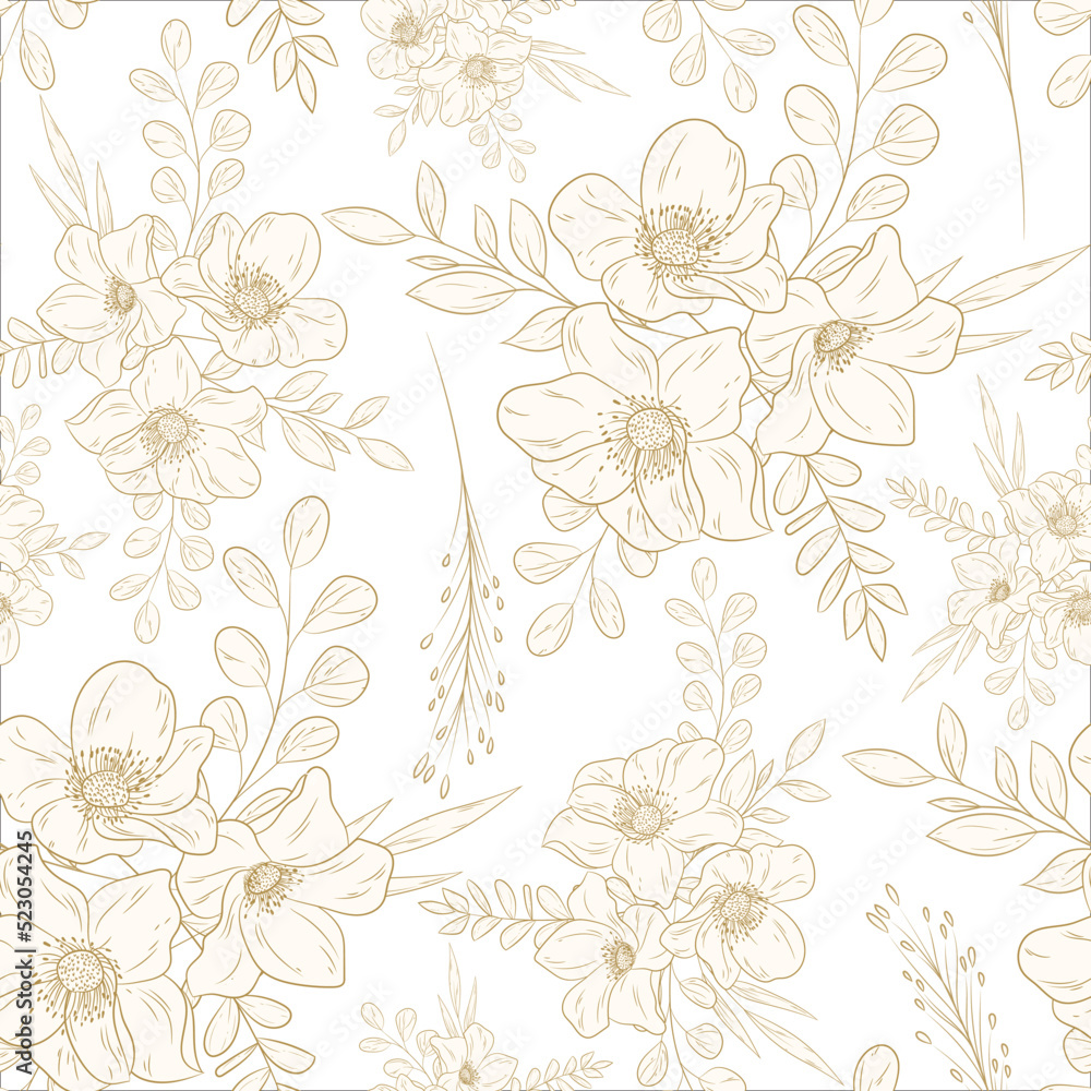 Hand drawn minimal gold floral seamless pattern
