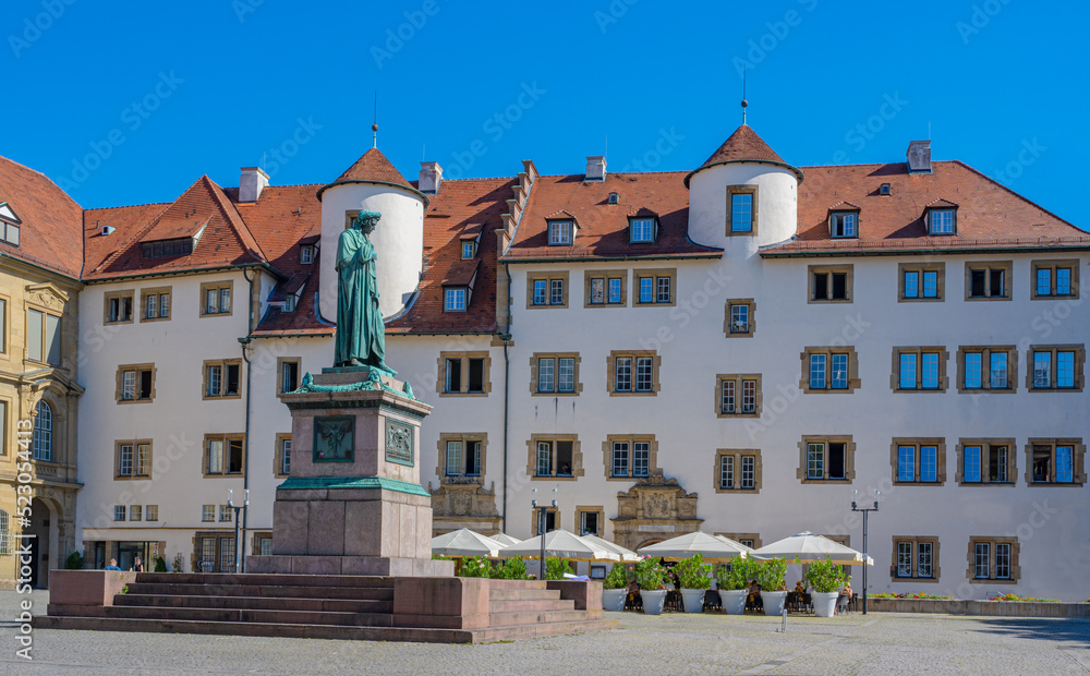 The Schiller memorial in front of the schiller square with old kanzleibuilding, Stuttgart. Germany. Europe
