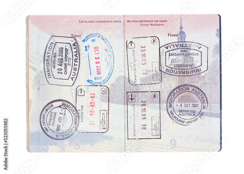 Travel stamps in a United States passport
