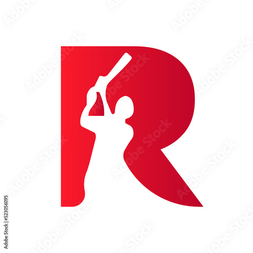 Letter R Cricket Batsman Logo Design Vector Sign. Cricket Club Logotype Symbol