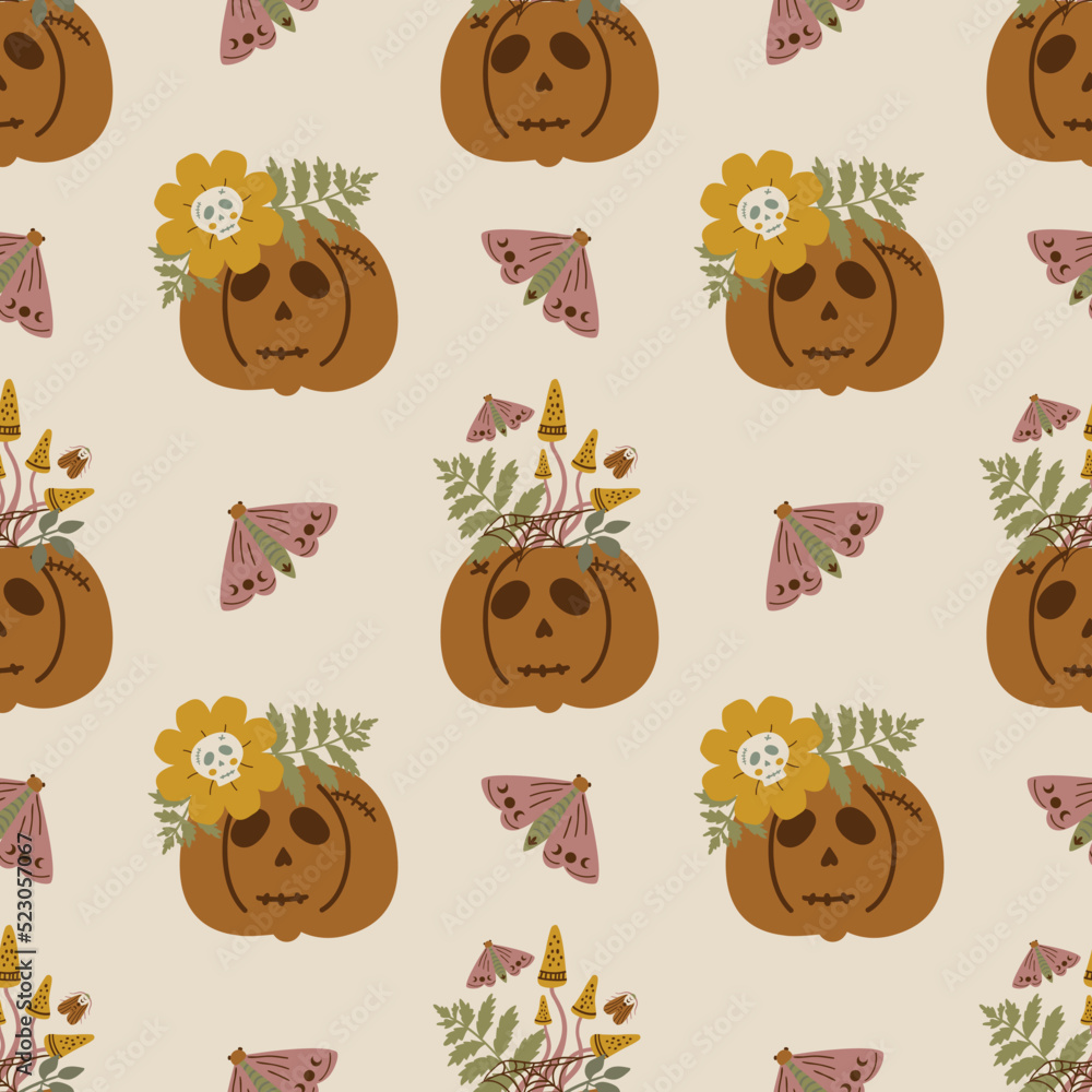 Halloween pumpkin pattern. Horror floral pumpkin background. Funny spooky pumpkin with fear face, mushrooms. Halloween seamless pumpkin. Spooky wallpaper, packaging design. Funny illustration.