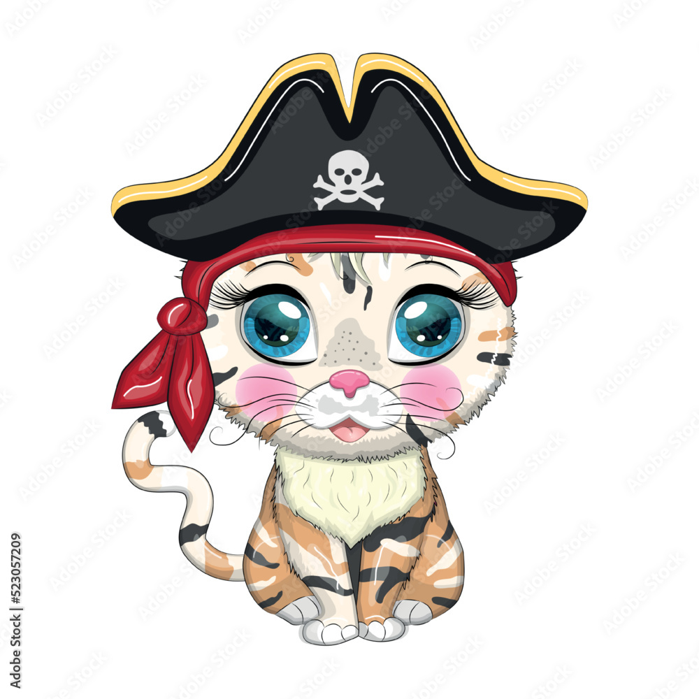 Cat pirate, cartoon character of the game, wild animal cat in a bandana and a cocked hat with a skull, with an eye patch.