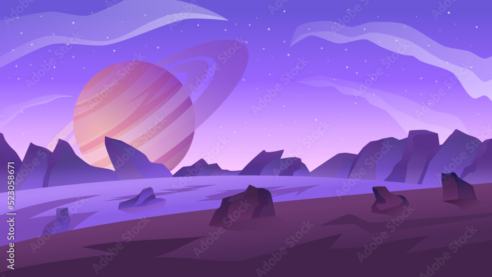 Alien planet landscape. Desert planet surface vector illustration.
