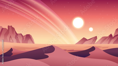 Alien planet landscape. Desert planet surface vector illustration.