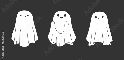 Hand drawn cute cartoon illustration of ghosts set. Flat vector Halloween spooky characters sticker in simple colored doodle style. Happy and evil spirit icon or print. Isolated on background.