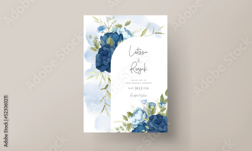 Hand drawn blue peony flowers wedding invitation