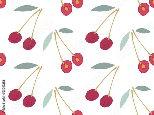 Cherry Seamless pattern. Cherry berry with leaf hand drawn doodle sketch. Flat vector Food template. Repeated background for textile, fabric, paper, wallpaper, packaging. Food ingredients for cooking.