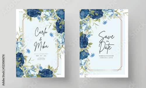 Hand drawn blue peony flowers wedding invitation