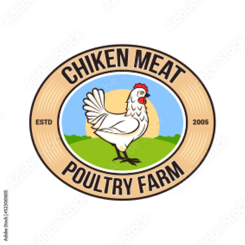 Chicken Poultry Farm Logo  Vintage Premium Quality. Fresh Organic Chicken Meat Farmer Logotype  or Badge Design. Isolated on White Background