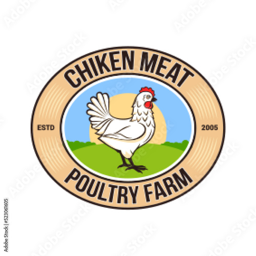 Chicken Poultry Farm Logo, Vintage Premium Quality. Fresh Organic Chicken Meat Farmer Logotype, or Badge Design. Isolated on White Background