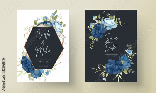 Blue floral wedding invitation card set