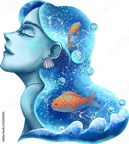Illustration girl in profile water environmental protection sea ocean fish nature protection