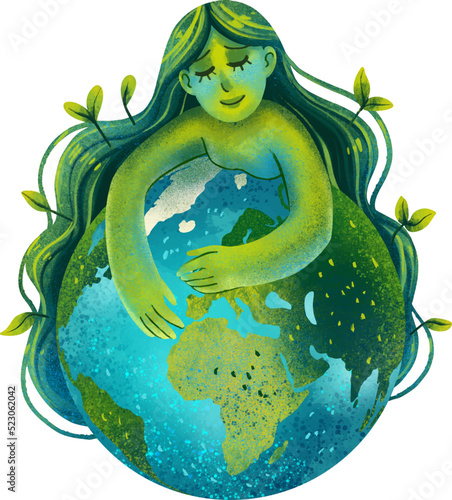 Illustration girl defender of the planet earth nature environmental protection sprouts goddess