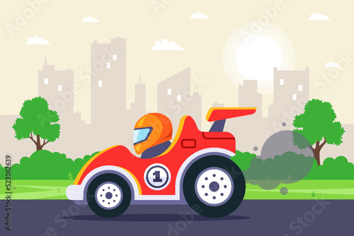 racing car rides on the track against the backdrop of the city. flat vector illustration.