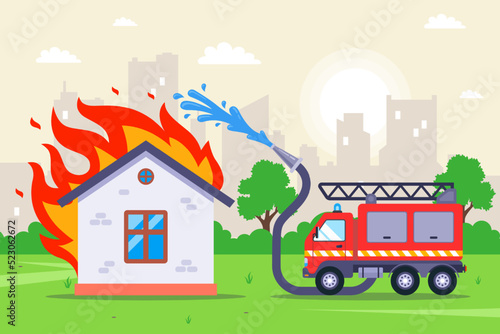 firefighters extinguish a wooden burning house. fire hose with water. flat vector illustration.