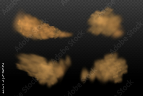 A cloud of brown dust and sand with particles of flying dry sand and dirt.Trace on a dusty road or highway from a car.Clubs of dark smoke.Realistic illustration on a transparent background.